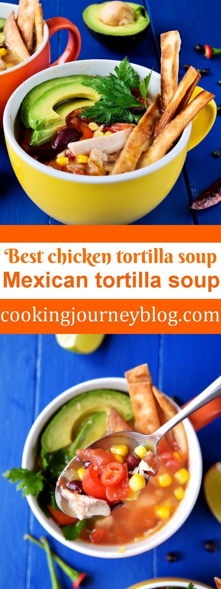 Mexican tortilla soup is easy, spicy and colorful comfy food you need to make this season! This delicious and really hot Mexican chicken soup with crunchy tortilla and creamy avocado on top will warm you and fill you up.