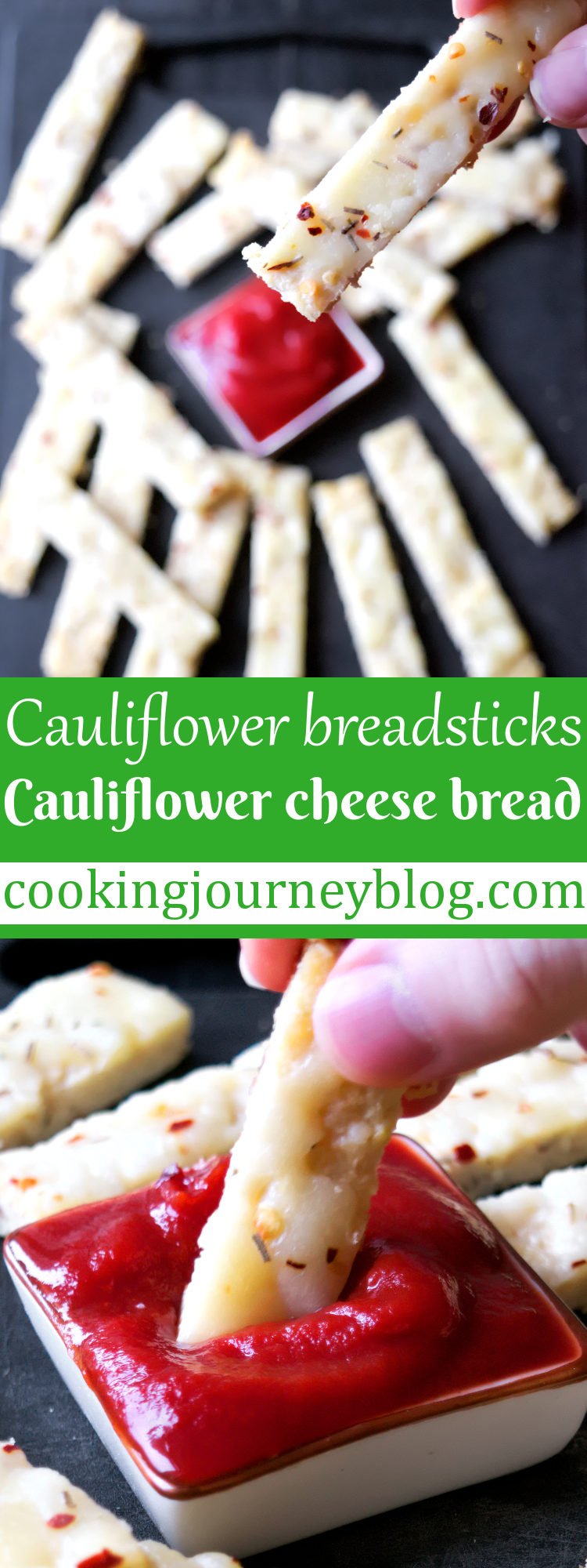 Cheesy cauliflower breadstick and tomato sauce.