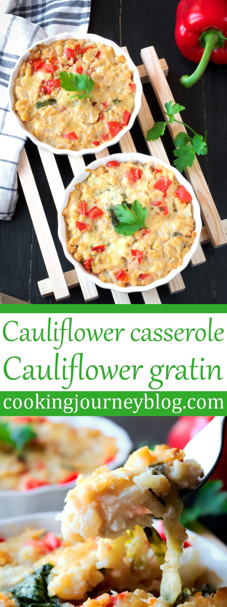 Cauliflower casserole in two individual baking dishes on a wooden rack. Cauliflower casserole or cauliflower gratin (cauliflower and cheese bake) is a great spicy dish for the dinner. It is easy and fast dinner recipe, yet full of flavor. Cauliflower and cheese are best partners, with addition of jalapeno to spice it up! There are so many cauliflower casserole recipes, this is a best side dish or a snack during cold winter months to enjoy.