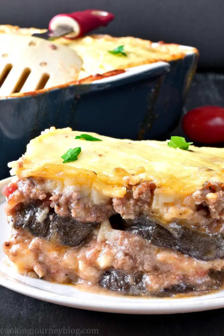 Moussaka in baking dish, view from the top