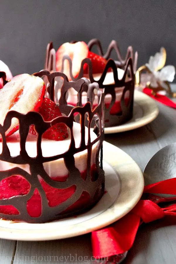 strawberry and yogurt desserts with chocolate decoration