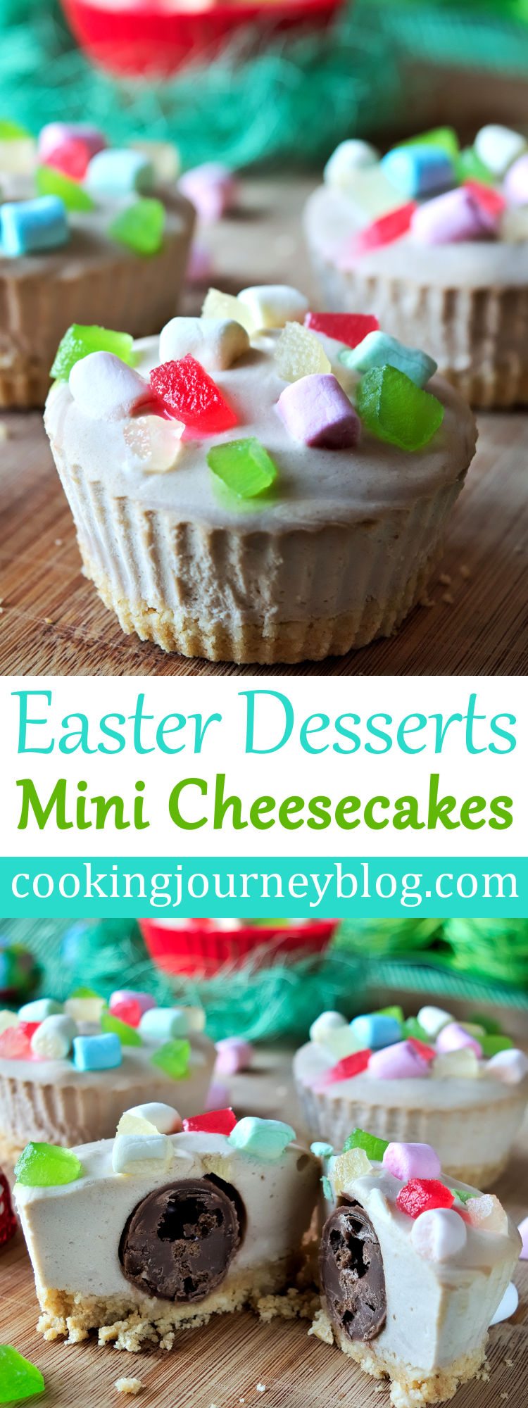 Get this mini cheesecake recipe to make easy and tasty Easter desserts! No bake cheesecake, that is topped with marshmallows and candied fruits, look pretty and also have a surprise inside. #easterrecipes #easter #desserts #surprise