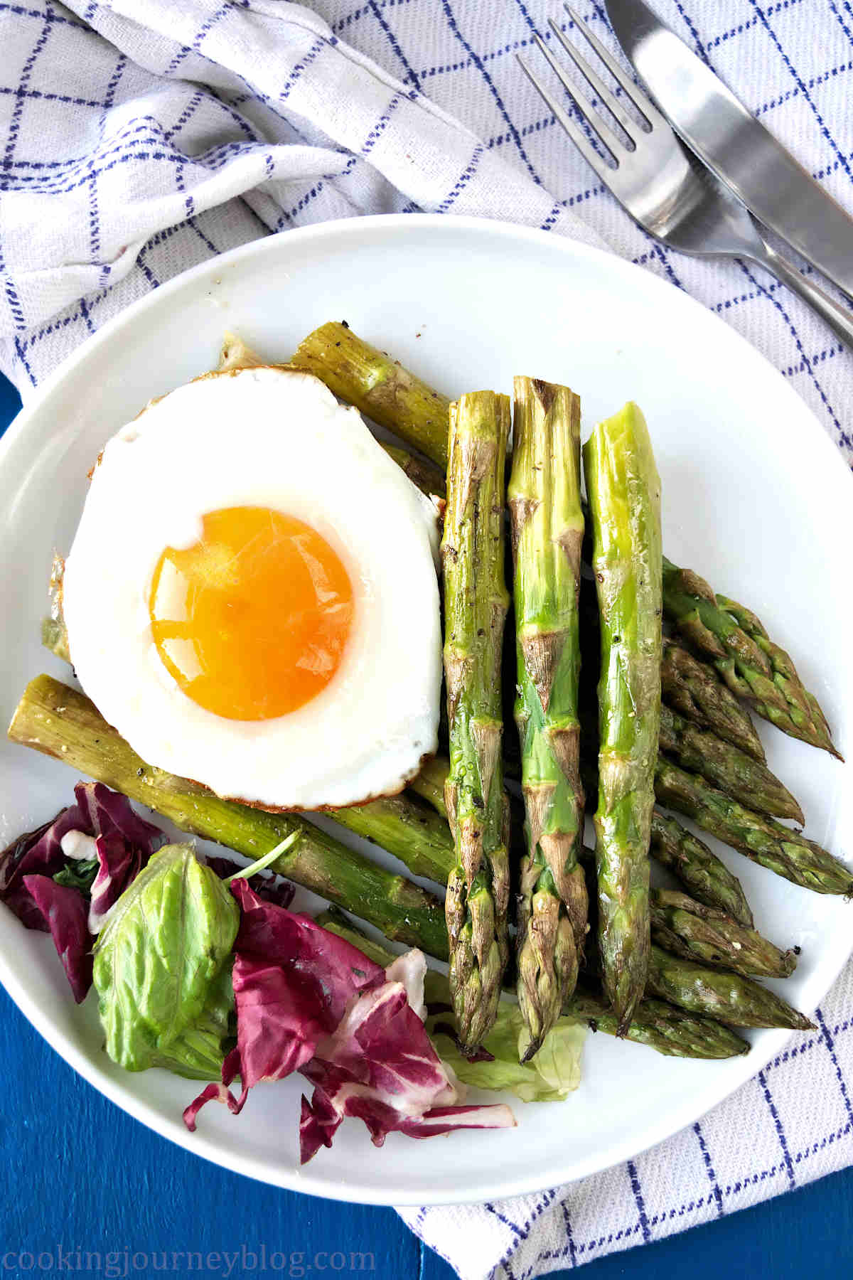 Roasted asparagus with egg, served on blue table