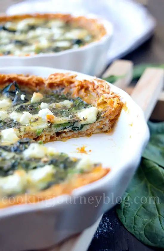 Spinach Quiche Recipe - How To Make Quiche . Spinach quiche with sweet potato crust. Front view.