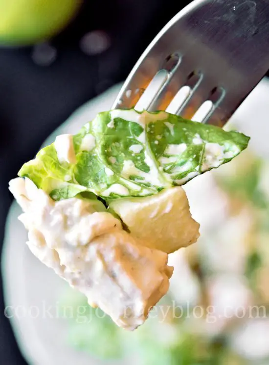 Avocado chicken salad on a fork