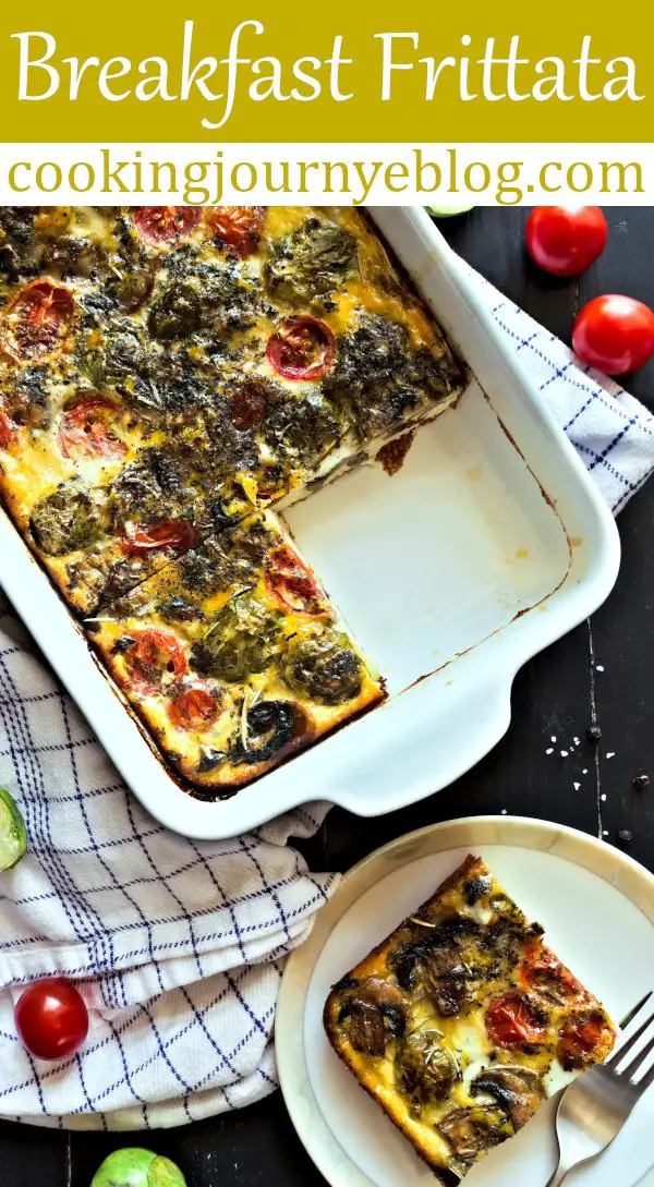 Breakfast fritatta with mushrooms, Brussels sprouts and tomatoes is the ultimate idea for Mother's Day brunch. It will give everyone a hearty filling! This baked frittata is a great dish to feed a whole family. #mothersday #breakfastrecipes #brunch #breakfast #vegetarianrecipes #easyrecipe