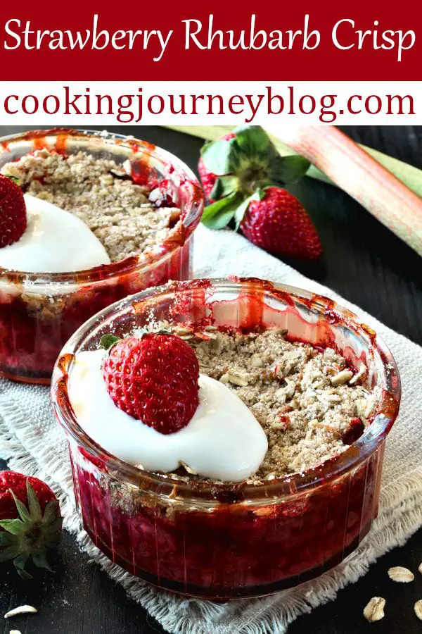 Strawberry rhubarb crisp with oatmeal is a healthy and easy breakfast recipe. Soft berries with crispy whole wheat and oats are best served with yogurt for breakfast or ice cream for a dessert. #breakfastrecipes #brunch #strawberries #rhubarb #healthyfood #healthyrecipes #vegetarianrecipes