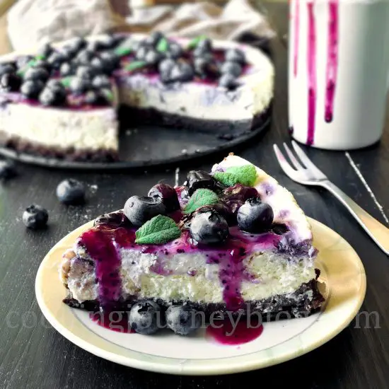 Fresh Blueberry Cheesecake slice on the plate, served with blueberry sauce