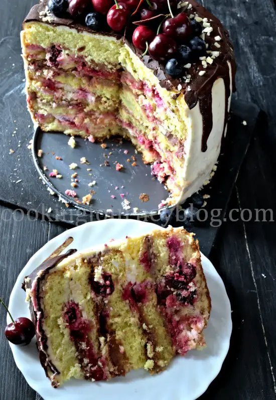 Chocolate Cherry Layer Cake (Birthday Cake), cut, multiple layers on a plate to enjoy