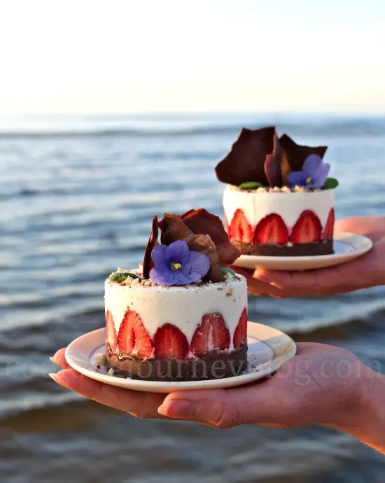 Two No Bake Greek Yogurt Desserts, decorated with chocolate and strawberries. Holding in two hands.