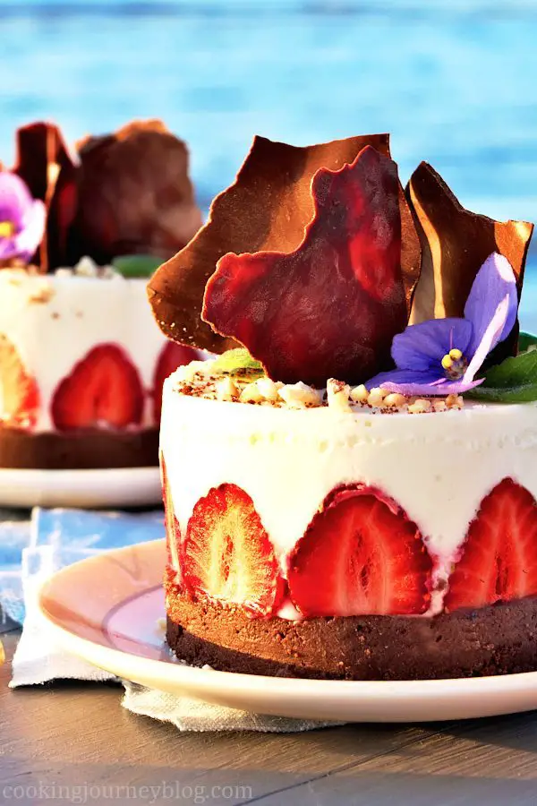 No Bake Greek Yogurt Dessert, decorated with chocolate and strawberries on the seaside sunset