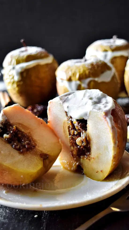 Easy Baked Apples with Yogurt, cut in half to see the stuffing