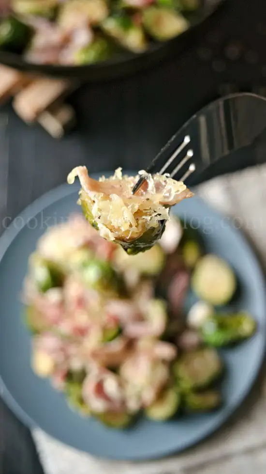 Brussels Sprouts with Bacon and cheese on a fork