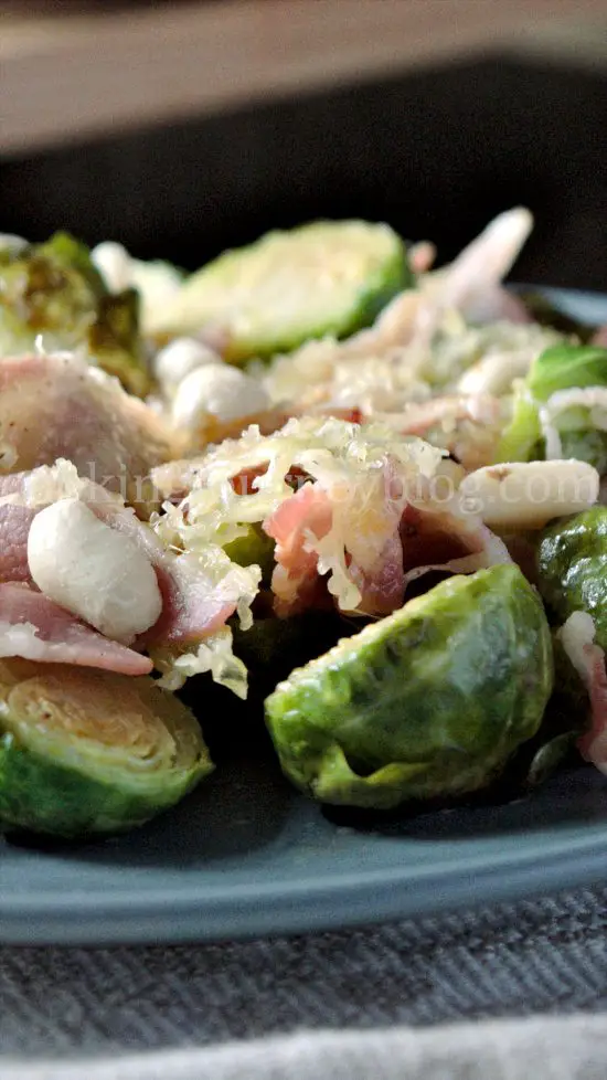 Brussels Sprouts with Bacon, cheese and peanuts