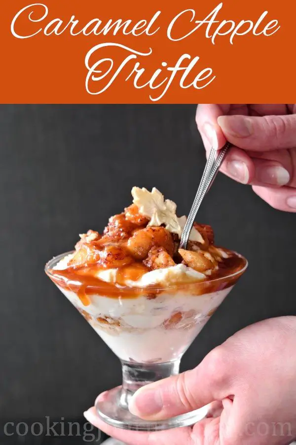 Caramel apple trifle is an easy apple dessert with light creamy texture, fall flavors and covered with homemade caramel. These mini caramel apple trifles are all you need if you crave for a no bake apple desert! It is like easy apple pie recipe. #applepie #trifle #applerecipes #falldesserts #easydessert #homemadecaramel