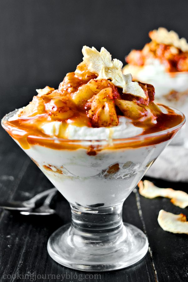 Caramel Apple Trifle on black table, served in glass