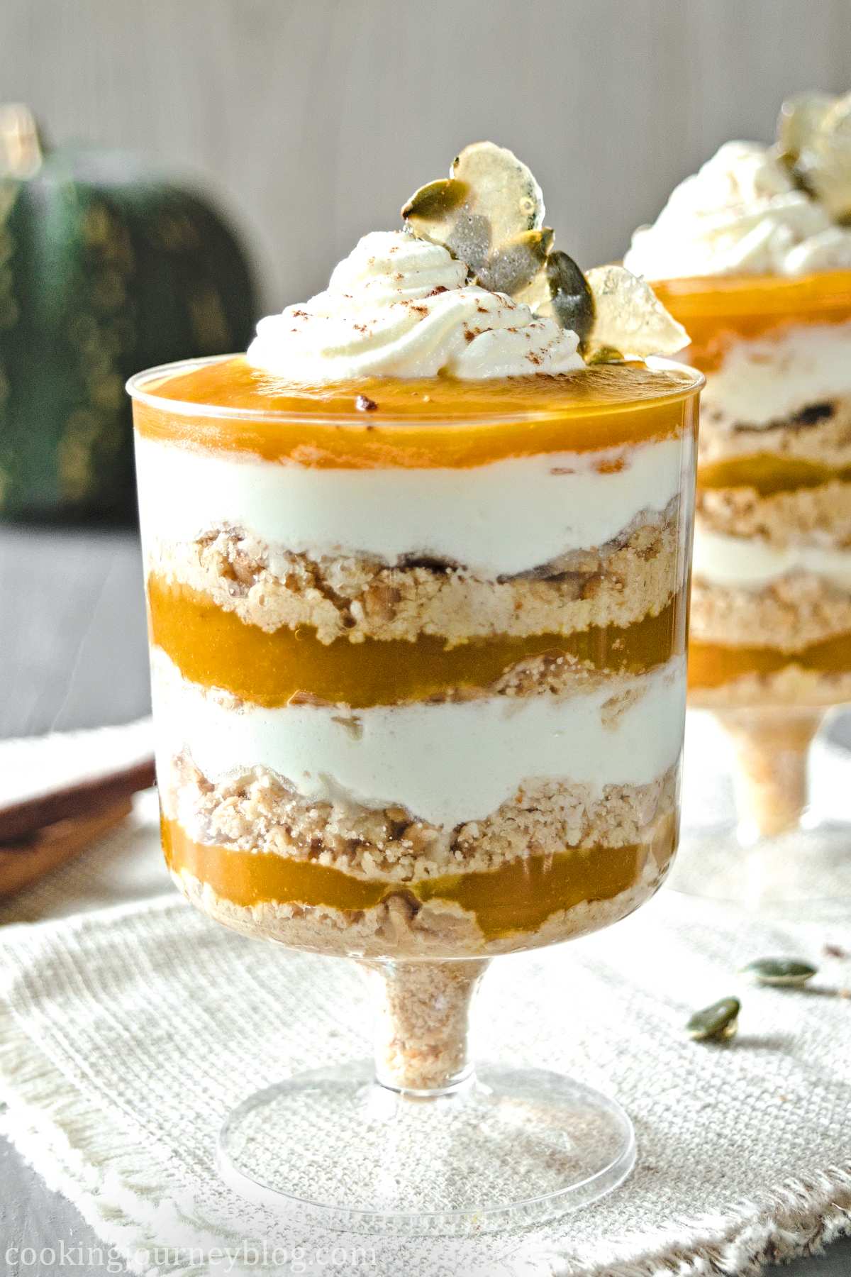 Mini Pumpkin Trifles, decorated with pumpkin seed candy.