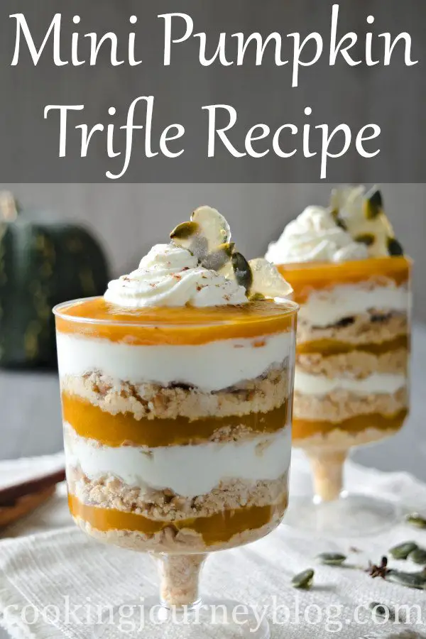 Mini pumpkin trifle is an easy pumpkin pie in a glass, made with whipped cream. Perfect Thanksgiving desserts, decorated with homemade caramel candy. #pumpkinrecipes #pumpkindessert #trifle #thanksgivingrecipes
