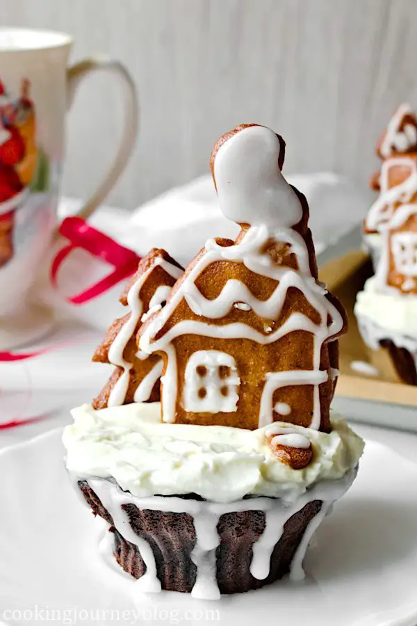 Chocolate Cupcake Recipe - Gingerbread cupcake on a plate with Christmas decoration.