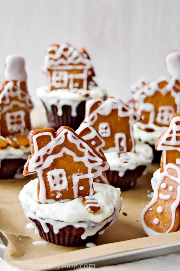 Chocolate Cupcake Recipe – Gingerbread Cupcakes with gingerbread town on a baking tray