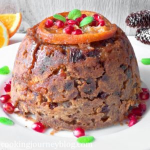 Christmas Pudding Recipe – Easy Fruit Cake, decorated with orange, pomegranate and mint