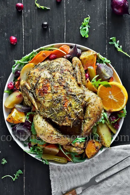 Roasted Chicken and Vegetables, view from top