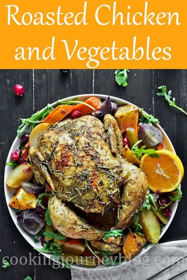 Oven roasted chicken and vegetables is an easy and delicious holiday dinner idea. Orange lemon herb chicken, baked with root vegetables. #easydinnerrecipes #christmasrecipes #wholechicken