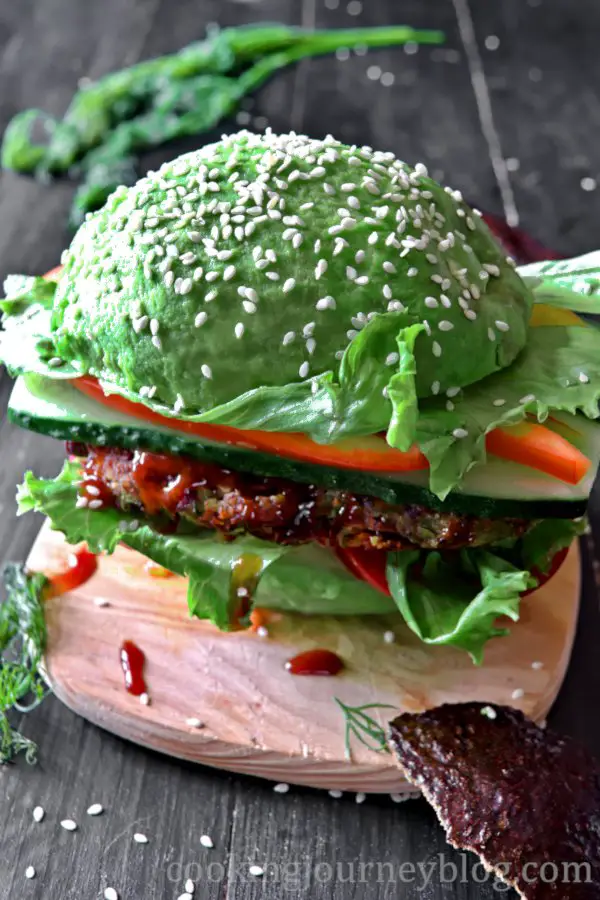 Avocado Burger on a wooden plate – Vegan Burger Recipe