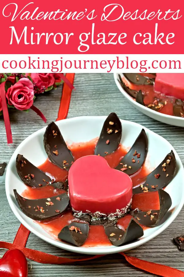 Ultimate Valentine’s desserts to wow your sweetheart! Red mirror glaze cake, made with white chocolate mousse and strawberries. Great idea for Valentine's day gifts for him! #valentinesday #desserts #mirrorglaze #dessertrecipes #dessertideas #chocolatecake #strawberryrecipes