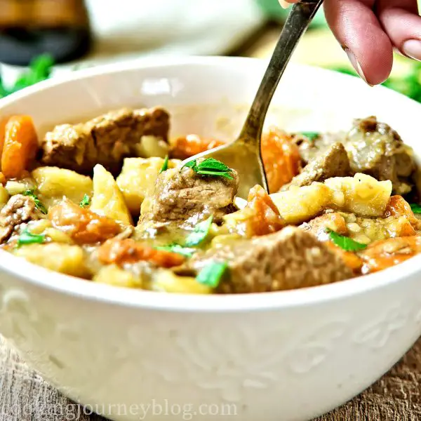 Irish Beef Stew with Guinness and a spoon