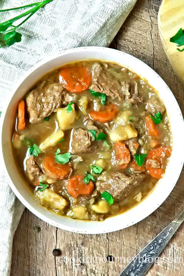 Irish Beef Stew served with parsley, view from top