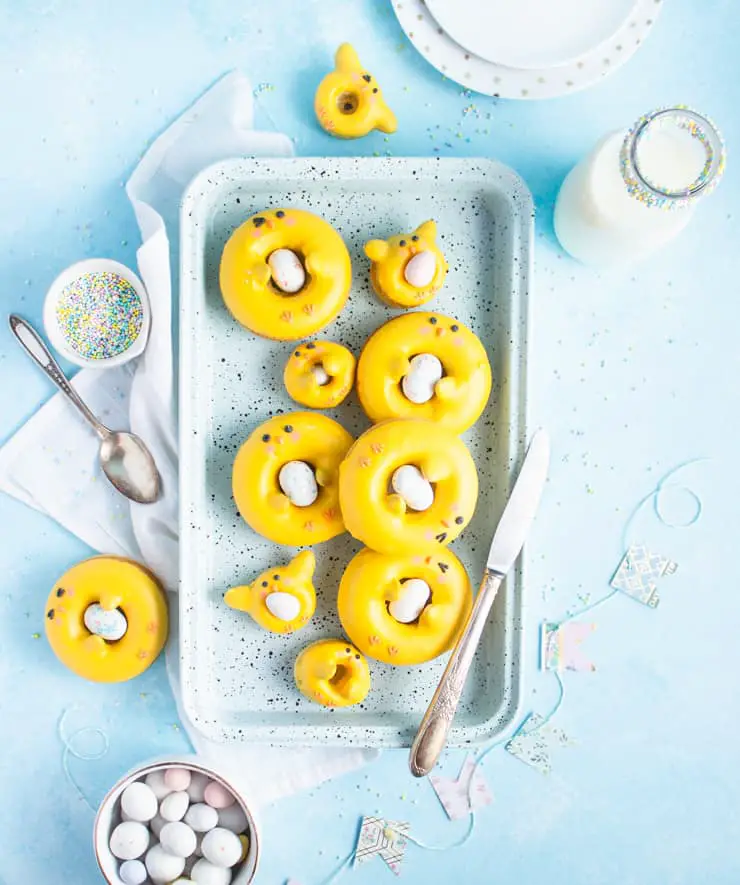 Yellow Chick Doughnuts on a blue table