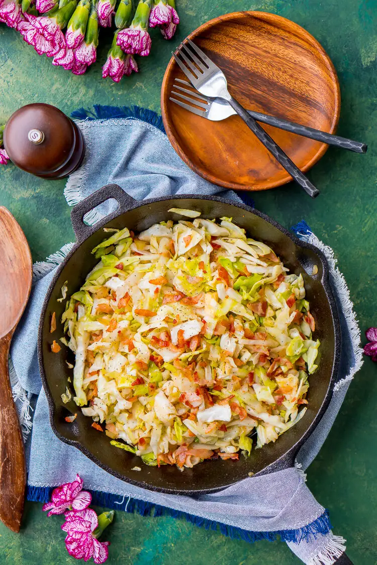 Irish Fried Cabbage and Bacon in a skillet