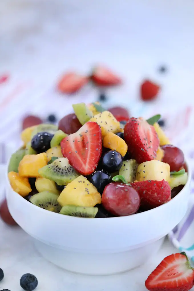 Fruit salad in a white bowl