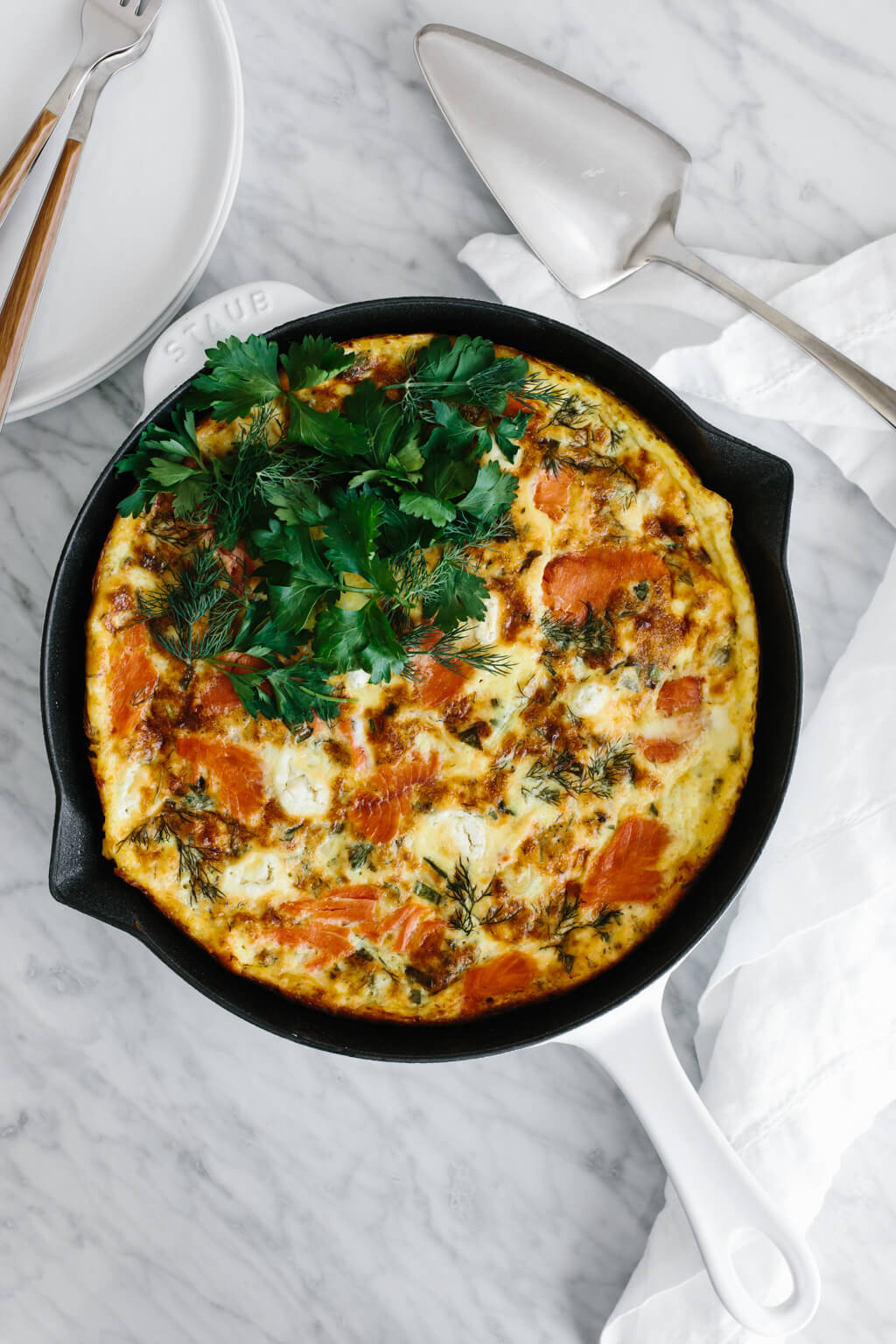 Salmon frittata served in the skillet