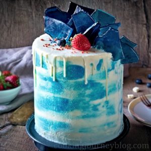 Vanilla Cake Recipe (Birthday Cake Recipe with white chocolate glaze, inserted edible blue glass, strawberry and blueberries.