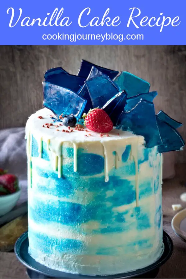 Moist vanilla cake recipe from scratch. Beautiful birthday cake for men! Layer cake with vanilla cream and blueberries, cream cheese frosting and edible glass decoration. Easy DIY cake decorating idea. Enjoy!