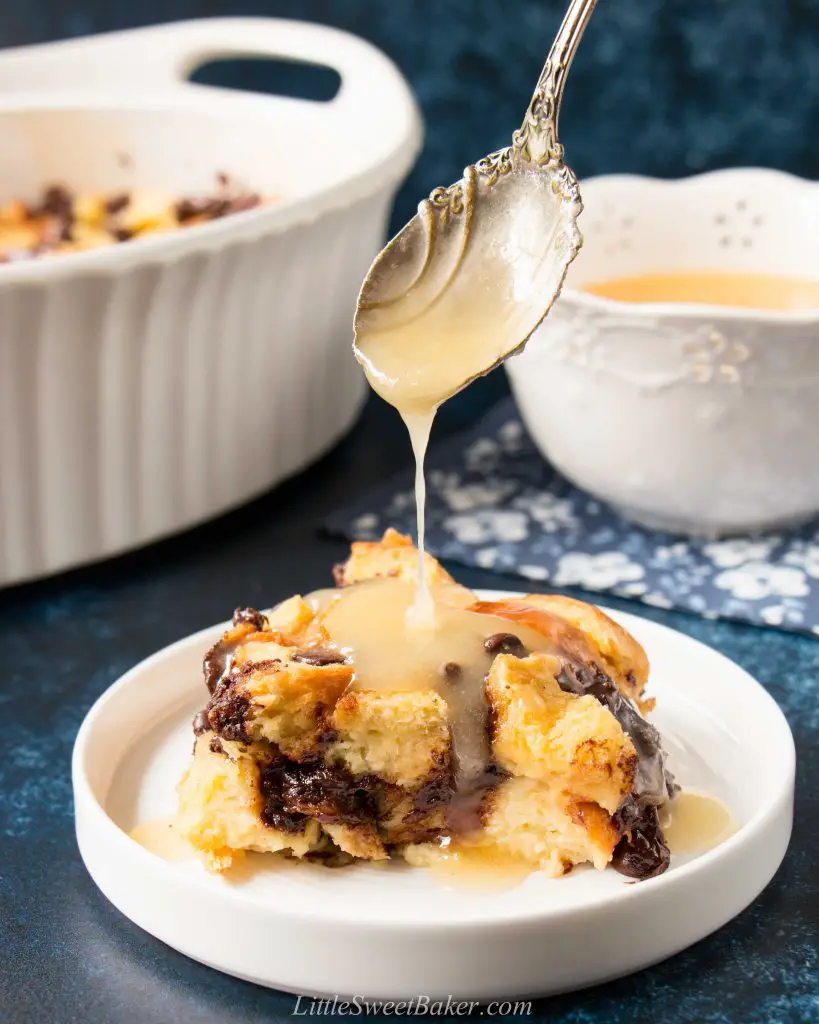 Chocolate Chip bread pudding, served with sauce