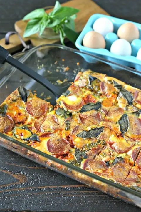 Pepperoni Pizza Egg Casserole in a baking tray