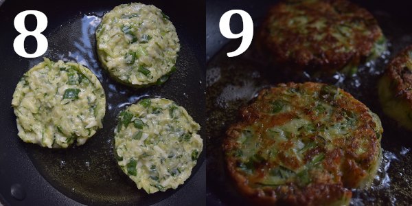 Frying zucchini fritters on a pan
