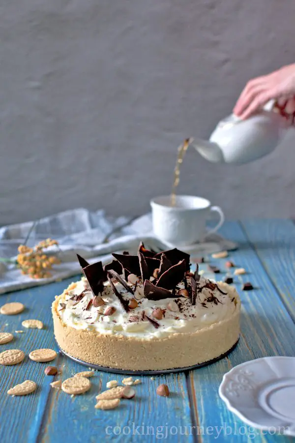Pouring tea to serve with banoffee pie