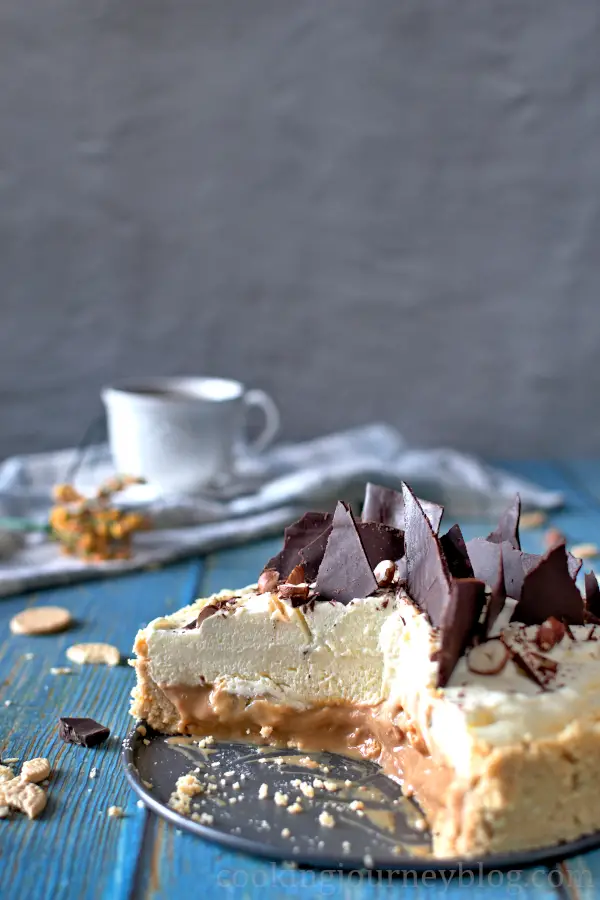 No Bake Banoffee Pie served with a cup of tea