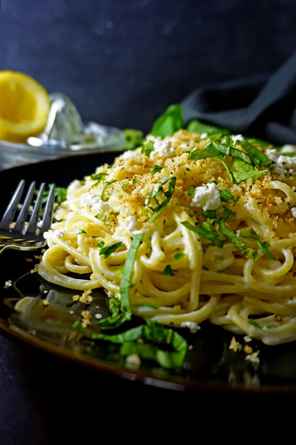 Lemony Goat Cheese Spaghetti with Garlic Herb Pangrattato