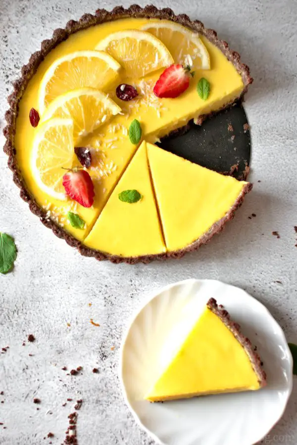 Delightful Lemon Tart sliced and served, view from top