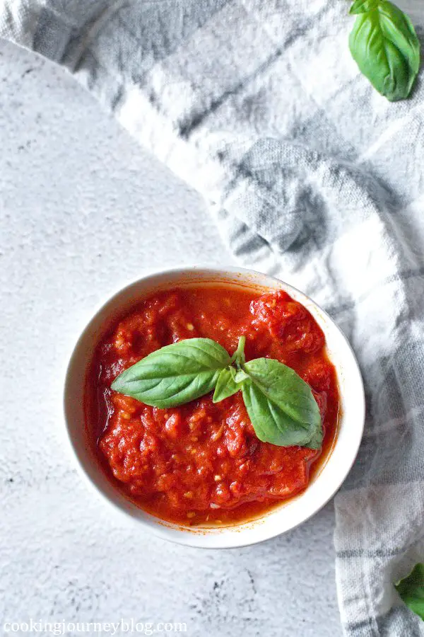 Italian Marinara Sauce in a small bowl, view from top
