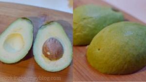 Cut avocados in half, remove the pit and skin.