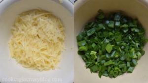 In a separate bowl grate the cheese and chop the scallions.