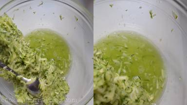 Squeeze the excess liquid from shredded zucchini with your hands (use a sieve or a cheese cloth). Discard the liquid