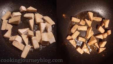 Fry tofu 5 minutes on high heat in olive oil. Add turmeric to cover tofu and cook 1 minute.