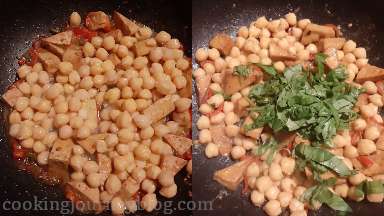 Add chickpeas and cook 3 minutes more. Add chopped spinach, stir for 1 minute and set aside to cool.